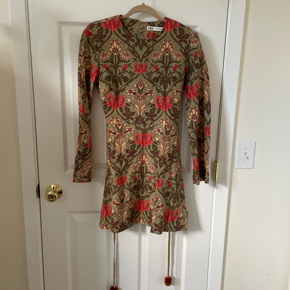 Zara Printed Floral Dress with Belt Linen Blend Size S New W/O Tags - Picture 5 of 7